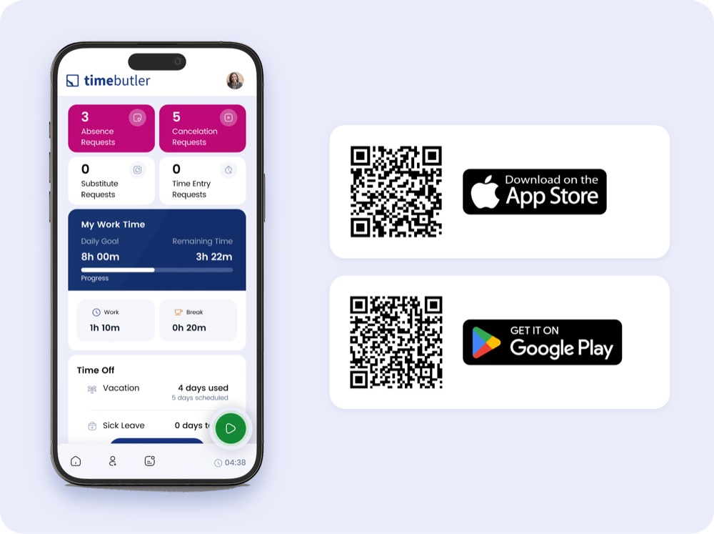 Timebutler App dashboard with QR codes to download from the App Store and Google Play
