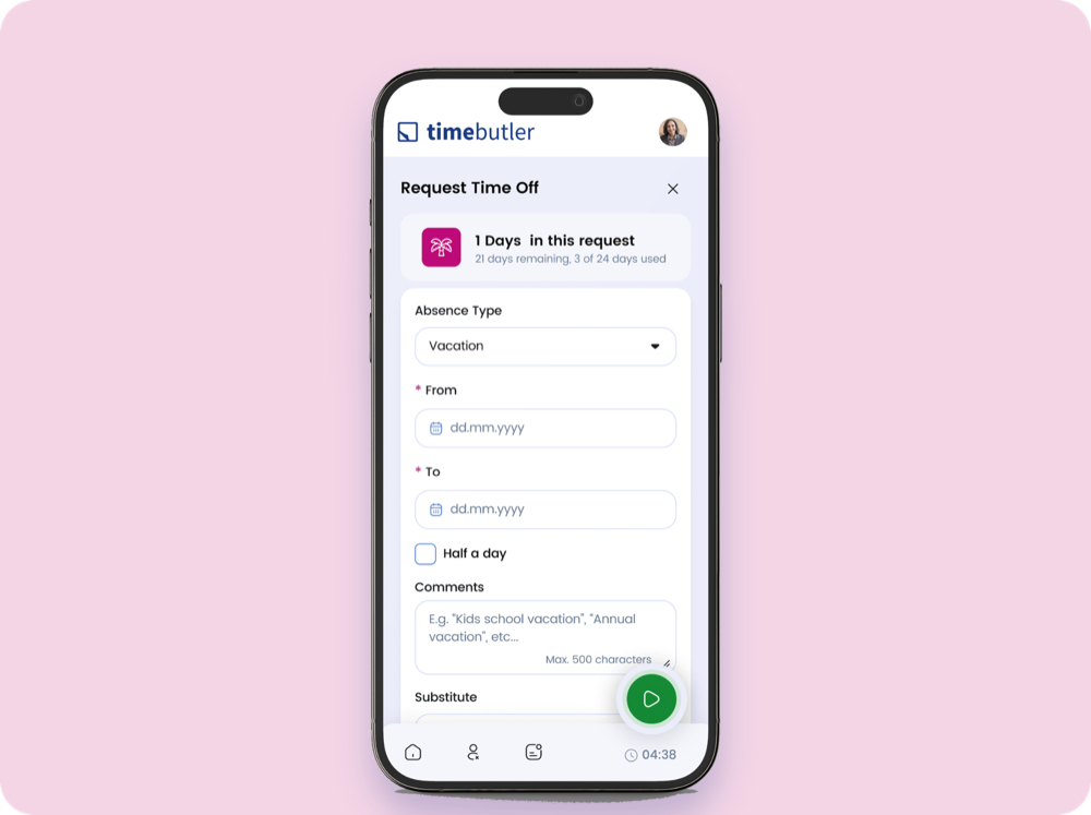 Requesting time off in the Timebutler App