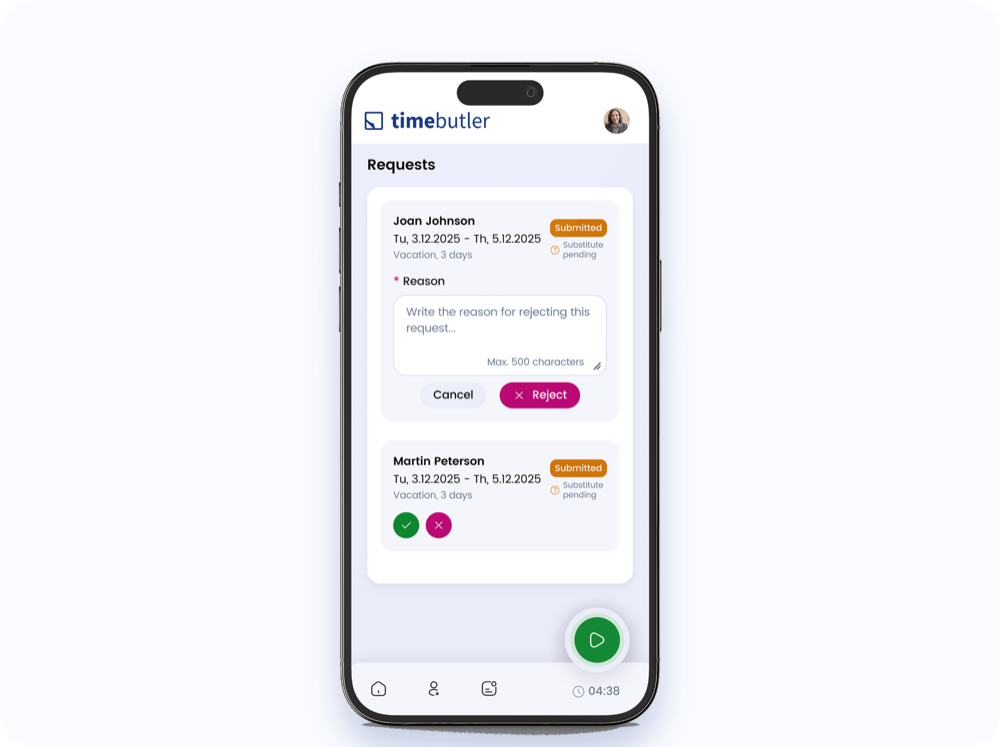 Approving or declining absence requests in the Timebutler App