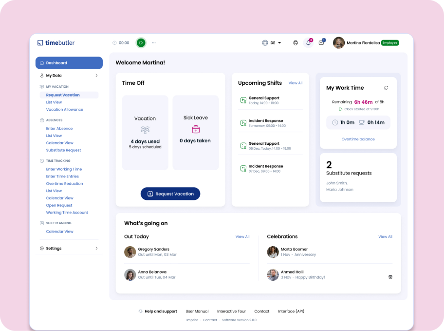 Timebutler dashboard with absences, shifts, working time, and other features in one place
