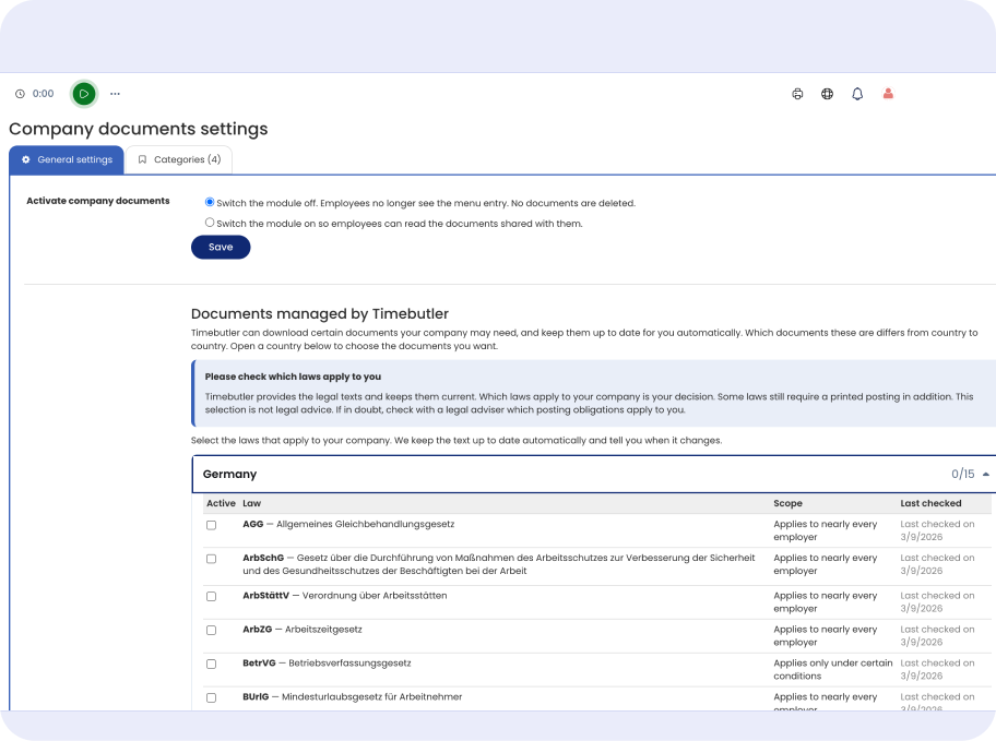Company documents settings in Timebutler: mandatory workplace laws for Germany kept automatically up to date