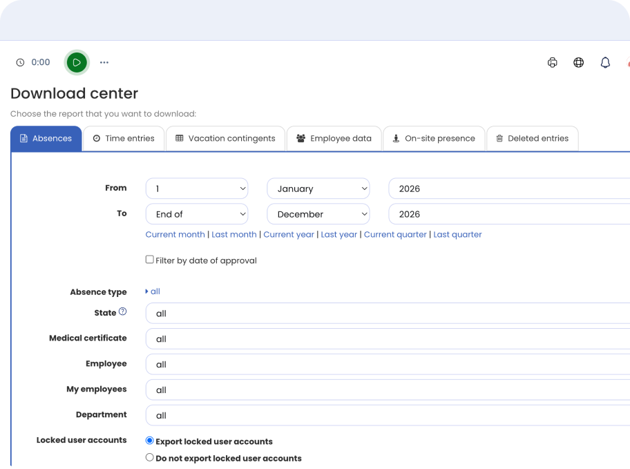 Timebutler Download center with filters for absence type and date range