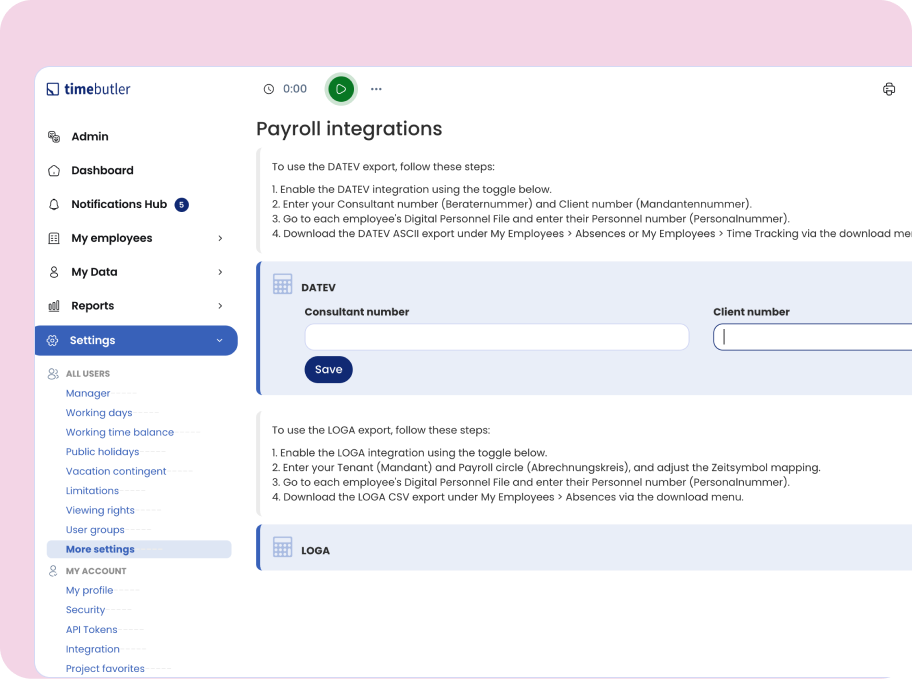 DATEV export settings in Timebutler with consultant number and client number fields