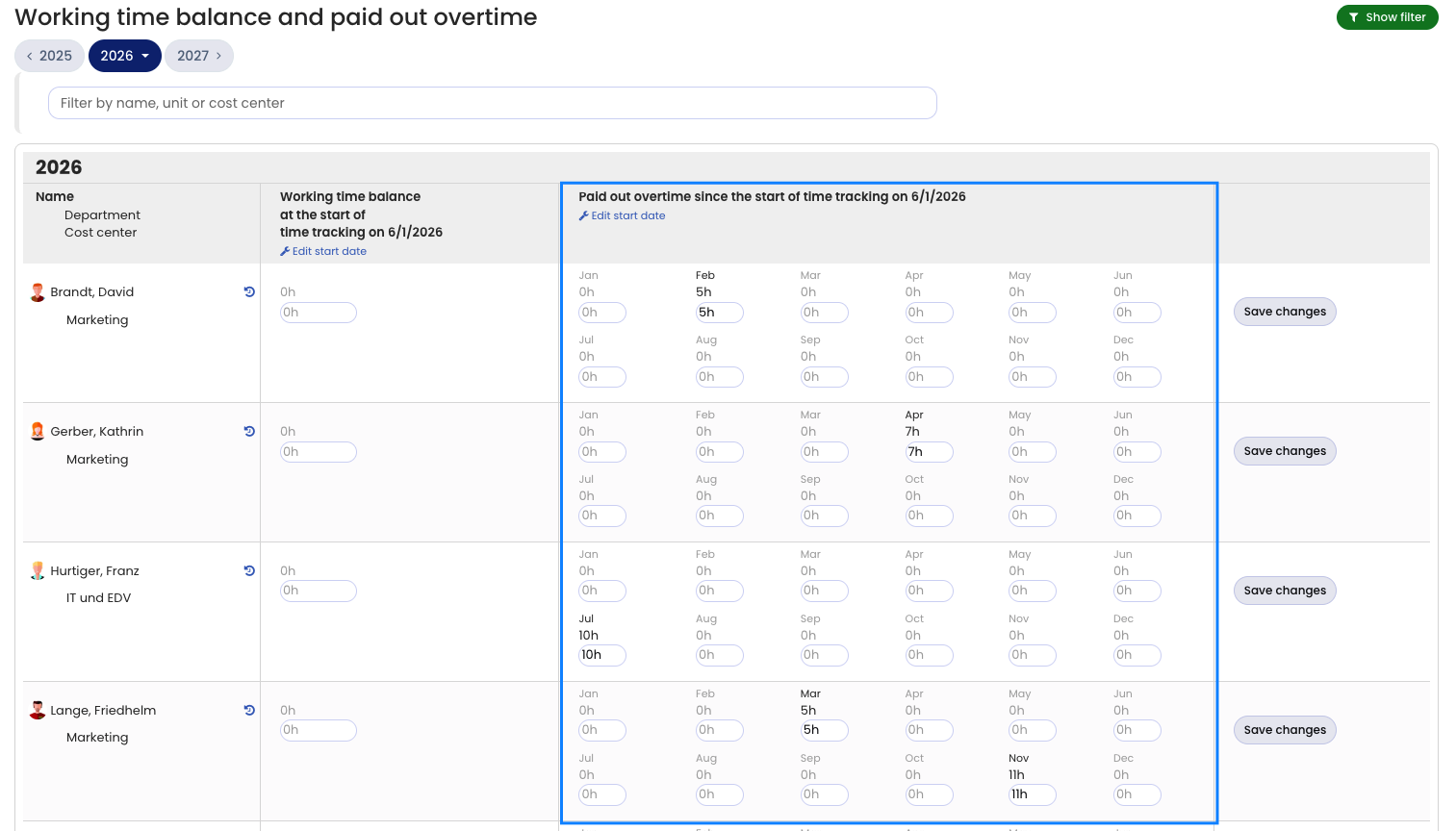 Entering paid-out overtime for an employee in the Working time balance settings
