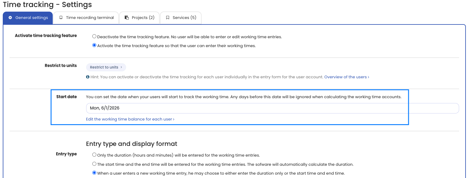 The Start of time tracking field on an individual employee's account