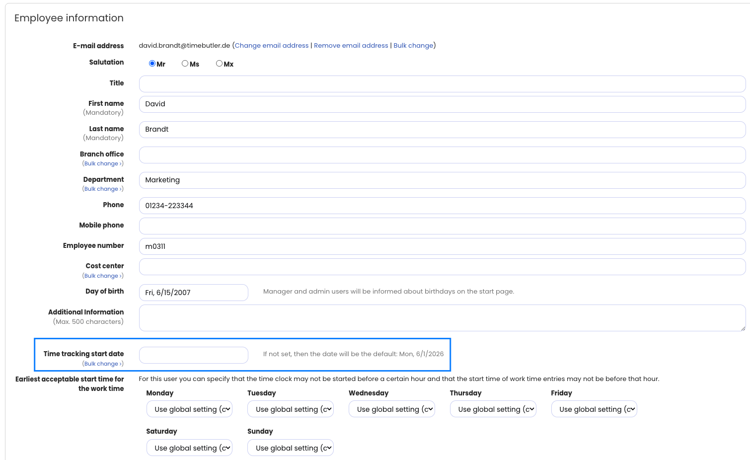 The global Start of time tracking setting under Settings > More.. > Time tracking